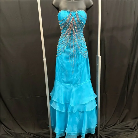 Strapless Turquoise Beaded/Shell Prom Dress - Picture 2 of 7